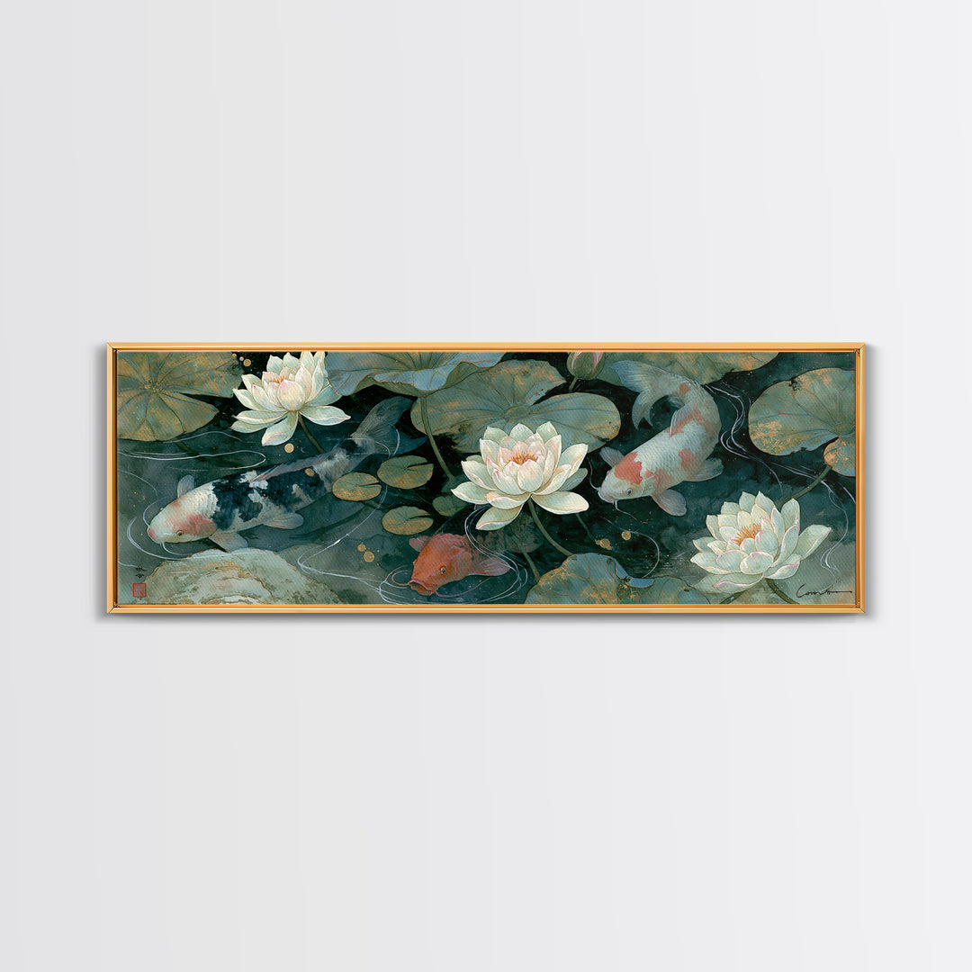 Lotus and Koi Framed Canvas Print, Spiritual Art, Canvas Wall Art, Living Room Decor, Fine Art, Spirit, Contemporary Art, SPI-3x1-10