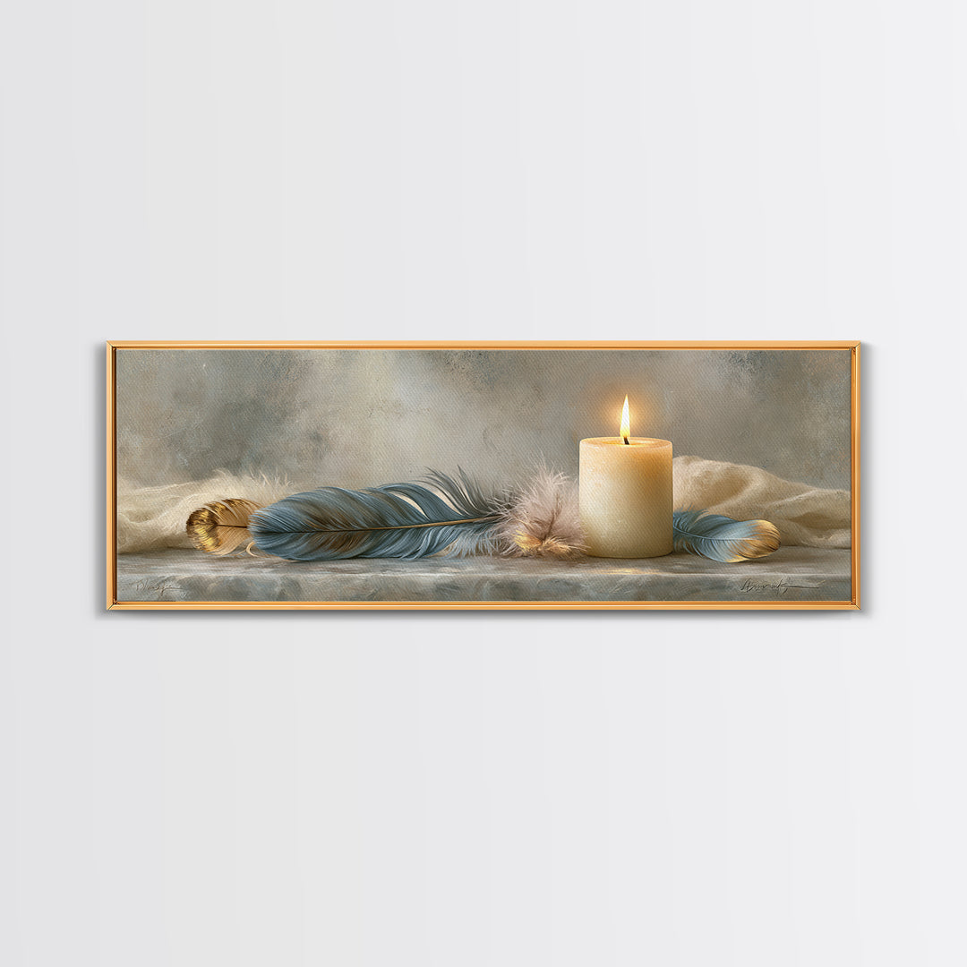 Candle and Feather Still Life Framed Canvas Print, Spiritual Art, Digital Poster, Living Room Decor, Fine Art, Spirit, SPI-3x1-12