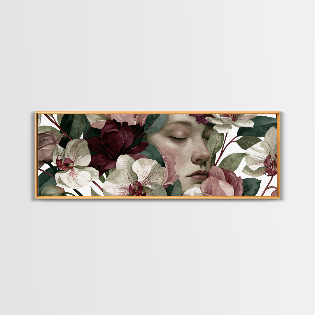 Serene Face with Closed Eyes and Flowers Canvas Print, Spiritual Art, Canvas Painting, Living Room Decor, Watercolor Art, SPI-3x1-4