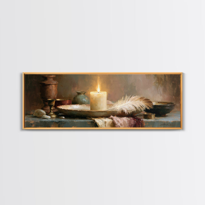 Candle and Feather Still Life Framed Canvas Print, Spiritual Art, Textured Painting, Living Room Decor, Fine Art, Spirit, SPI-3x1-60