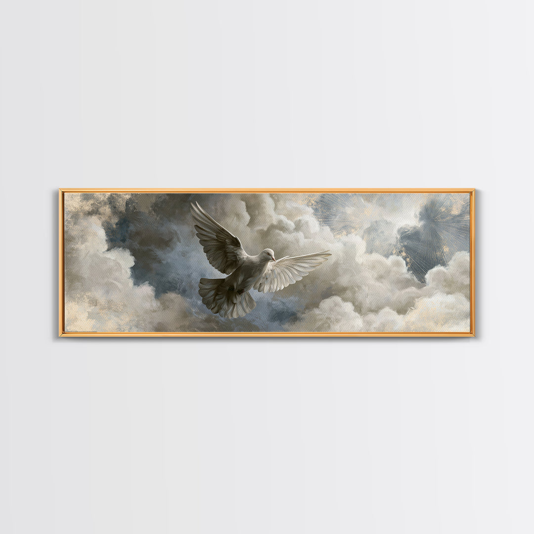 Dove Flying Through Radiant Clouds Framed Canvas Print, Spiritual Art, Art, Living Room Decor, Spirit, Canvas Wall Art, SPI-3x1-69