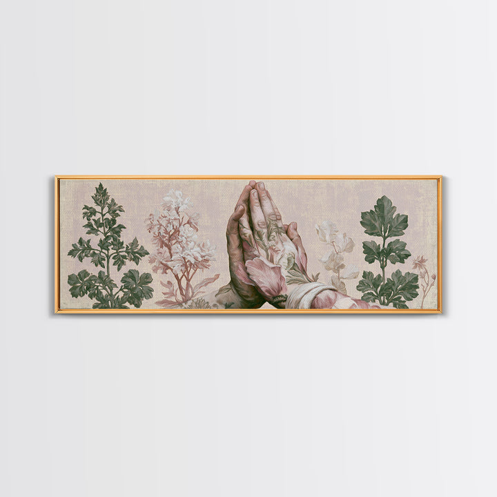 Prayer Hands with Botanical Details Canvas Print, Spiritual Art, Printable, Living Room Decor, Watercolor Art, Spirit, SPI-3x1-97