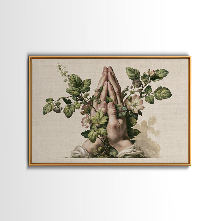 Prayer Hands with Botanical Details Framed Canvas Print, Spiritual Art, Living Room Decor, Watercolor Art, Spirit, SPI-3x2-13