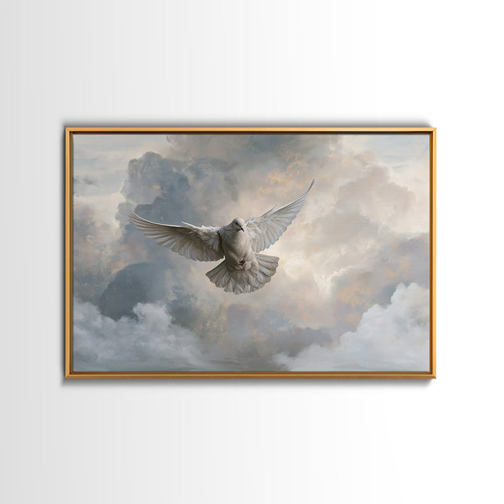 Dove Flying Through Radiant Clouds Canvas Print, Spiritual Art, Poster, Living Room Decor, Fine Art, Spirit, Framed Wall Art, SPI-3x2-57