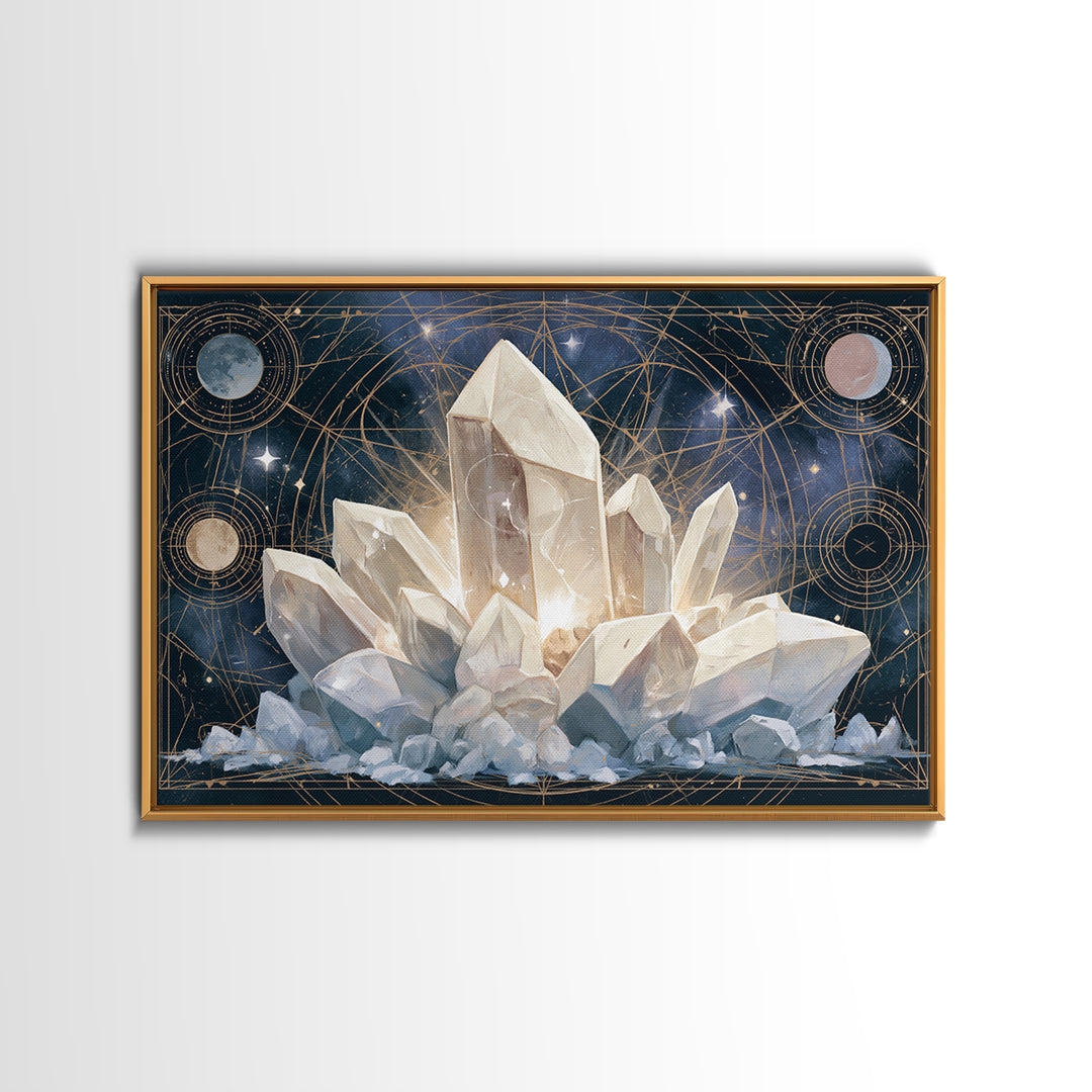 Crystal Cluster with Moonlight Reflections Framed Canvas Print, Spiritual Art, Living Room Decor, Watercolor Art, Spirit, SPI-3x2-65