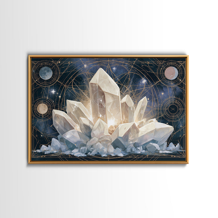 Crystal Cluster with Moonlight Reflections Framed Canvas Print, Spiritual Art, Living Room Decor, Watercolor Art, Spirit, SPI-3x2-65