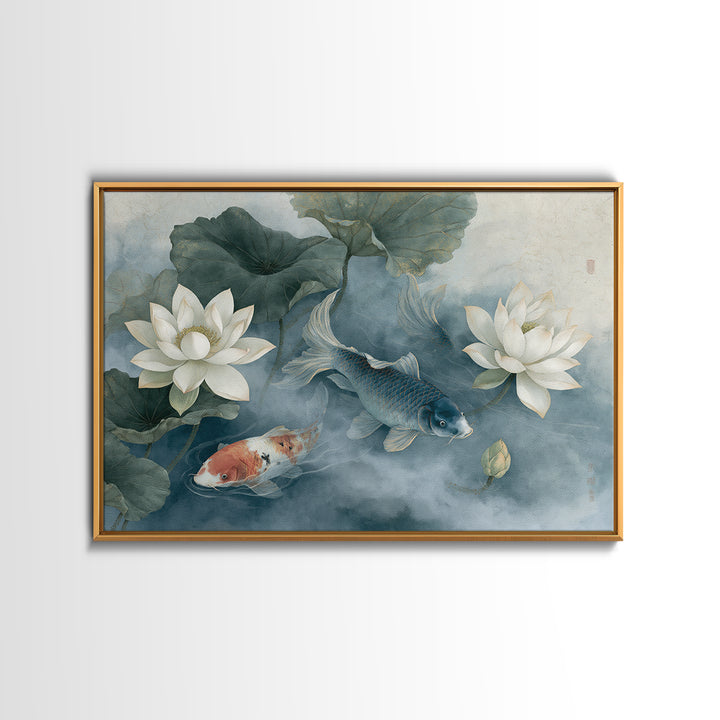 Lotus and Koi Framed Canvas Print, Spiritual Art, Neutral Decor, Living Room Decor, Fine Art, Spirit, Digital Prints, SPI-3x2-70