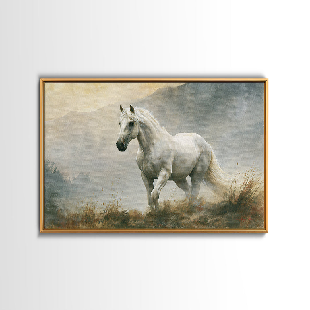 White Horse in Misty Sacred Landscape Framed Canvas Print, Spiritual Art, Boho Decor, Living Room Decor, Fine Art, Spirit, SPI-3x2-86