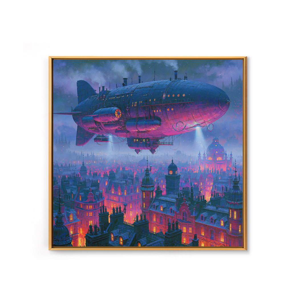 Airship Floating Above Victorian City Roofs Framed Canvas Print, Steampunk Art, Modern Art, Living Room Decor, Mechanic, STE-1x1-2