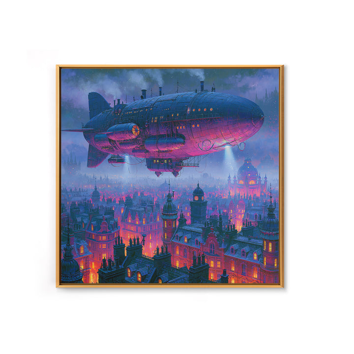 Airship Floating Above Victorian City Roofs Framed Canvas Print, Steampunk Art, Modern Art, Living Room Decor, Mechanic, STE-1x1-2