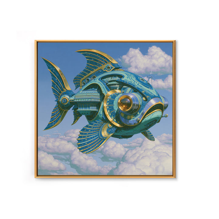 Mechanical Fish Swimming Through Clouds Canvas Print, Steampunk Art, Cat Art, Living Room Decor, Oil Painting, Mechanic, STE-1x1-22