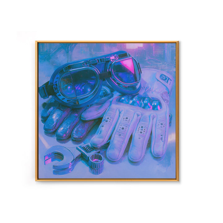 Goggles Gloves and Wrench Still Life Canvas Print, Steampunk Art, Abstract Art, Living Room Decor, Fine Art, Mechanic, STE-1x1-23