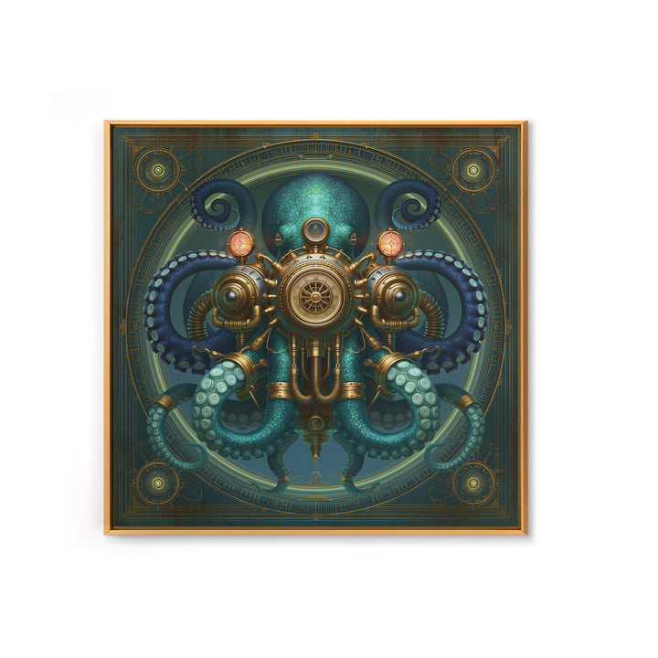 Steampunk Octopus with Brass Tentacles Framed Canvas Print, Steampunk Art, Textured Painting, Living Room Decor, Mechanic, STE-1x1-29