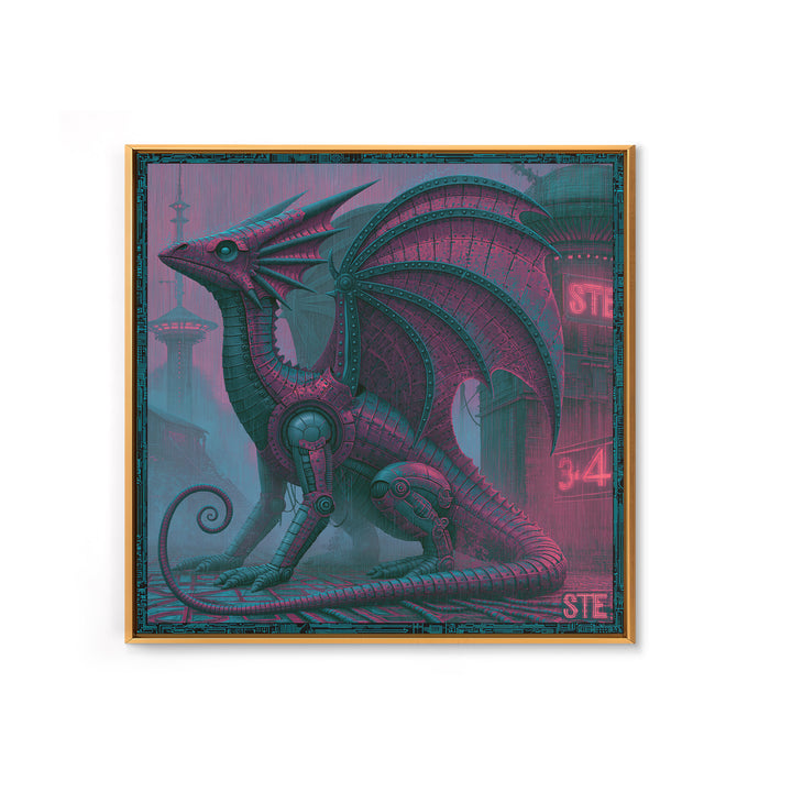 Copper Dragon with Riveted Wings Framed Canvas Print, Steampunk Art, Abstract Art Print, Living Room Decor, Watercolor Art, STE-1x1-34
