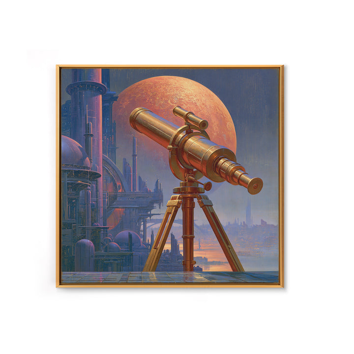 Brass Telescope Aimed at Copper Moon Framed Canvas Print, Steampunk Art, Wall Decor, Living Room Decor, Fine Art, Mechanic, STE-1x1-48