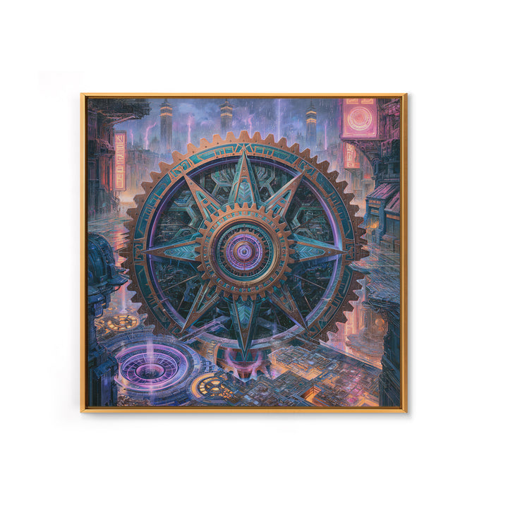 Cogwheel Mandala in Bronze and Teal Framed Canvas Print, Steampunk Art, Wall Art Print, Living Room Decor, Fine Art, Mechanic, STE-1x1-64