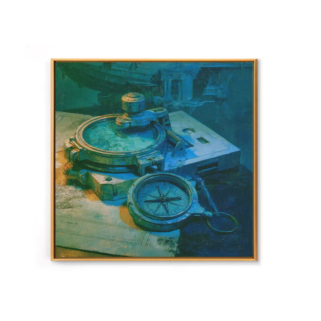Airship Captain Map and Compass Still Life Framed Canvas Print, Steampunk Art, Steampunk Lamp, Living Room Decor, Abstract Art, STE-1x1-66