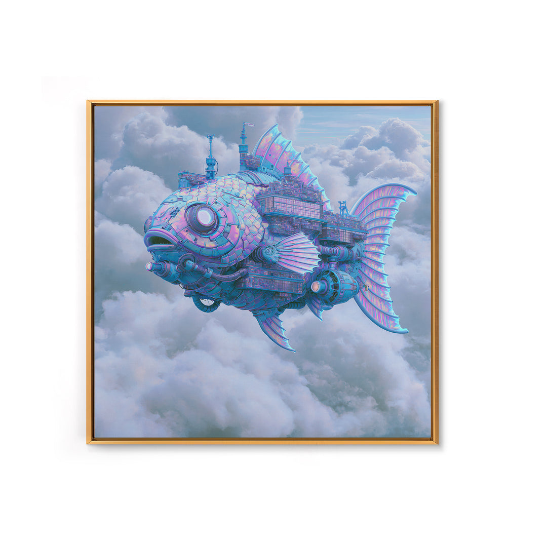 Mechanical Fish Swimming Through Clouds Framed Canvas Print, Steampunk Art, Steampunk Decor, Living Room Decor, Mechanic, STE-1x1-70