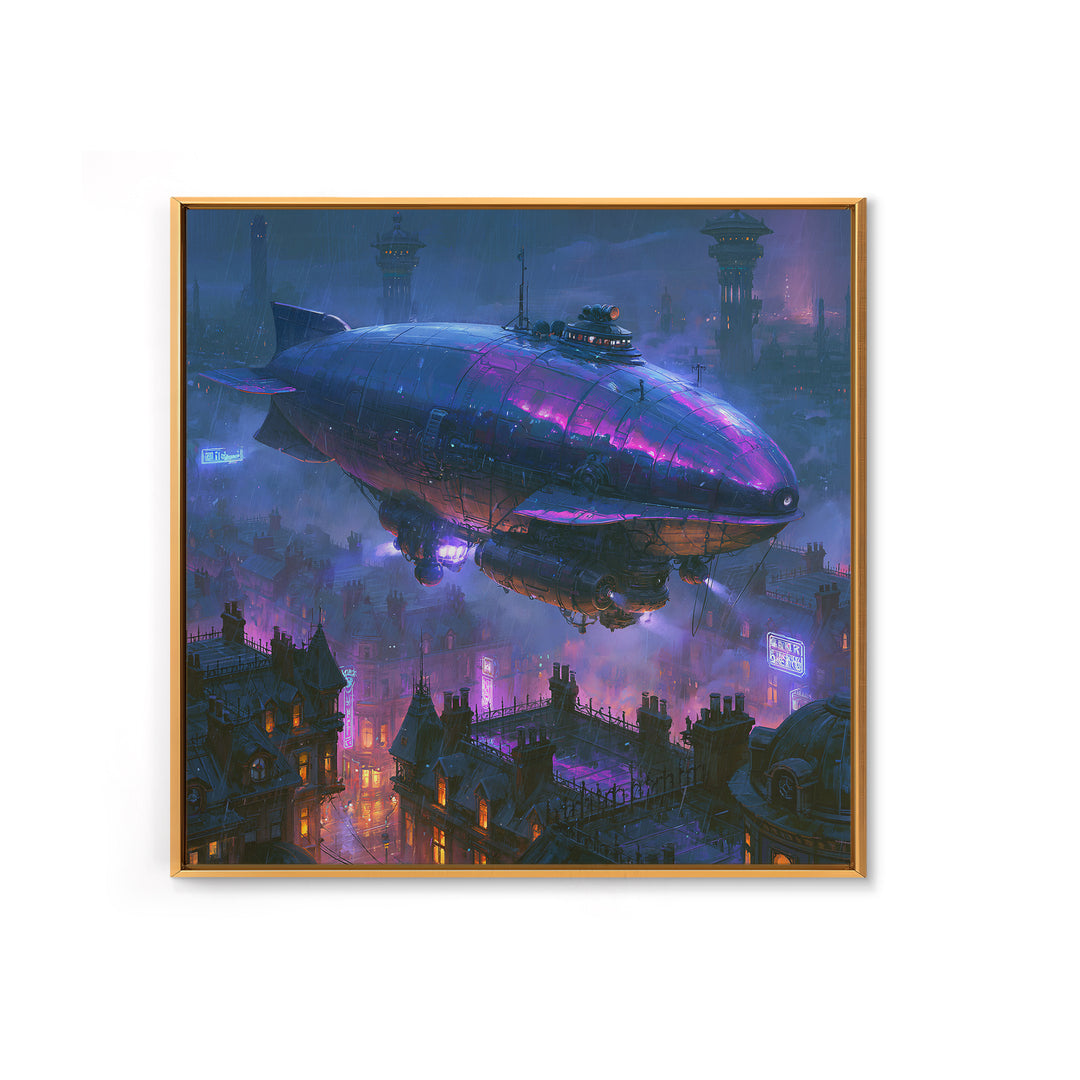 Airship Floating Above Victorian City Roofs Framed Canvas Print, Steampunk Art, Fine Art Print, Living Room Decor, Mechanic, STE-1x1-74