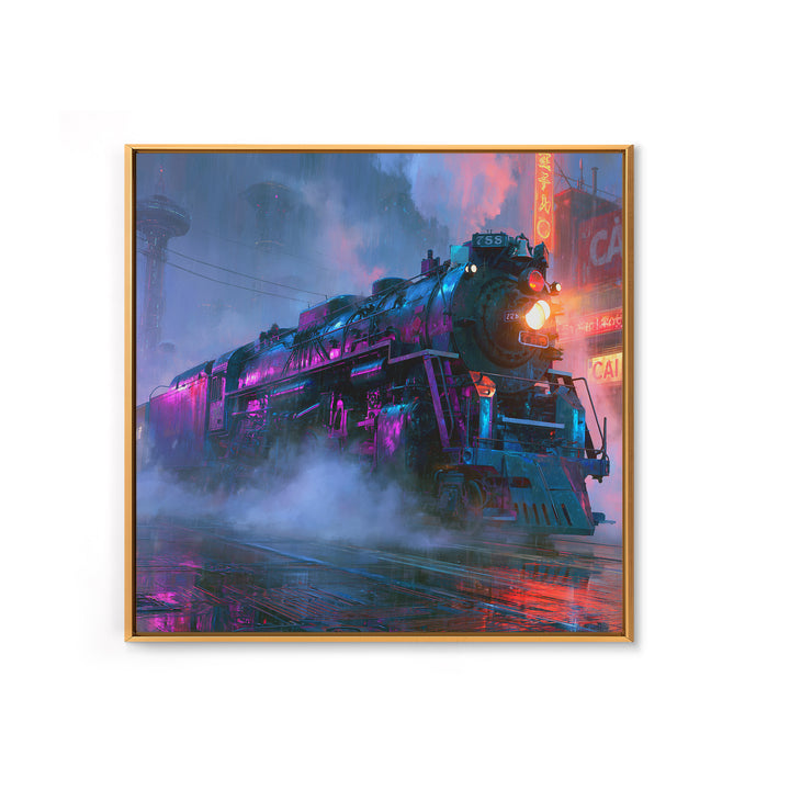 Steam Locomotive Racing Through Fog Framed Canvas Print, Steampunk Art, Statement Artwork, Living Room Decor, Mechanic, STE-1x1-78