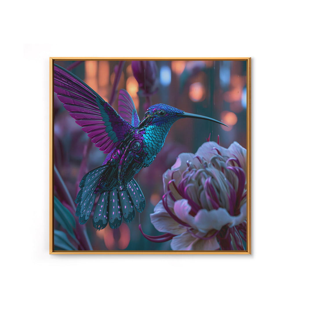 Mechanical Hummingbird Hovering Near Flower Canvas Print, Steampunk Art, Wall Decor, Living Room Decor, Oil Painting, Mechanic, STE-1x1-81