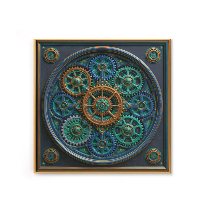 Cogwheel Mandala in Bronze and Teal Framed Canvas Print, Steampunk Art, Minimalist Decor, Living Room Decor, Fine Art, Mechanic, STE-1x1-88