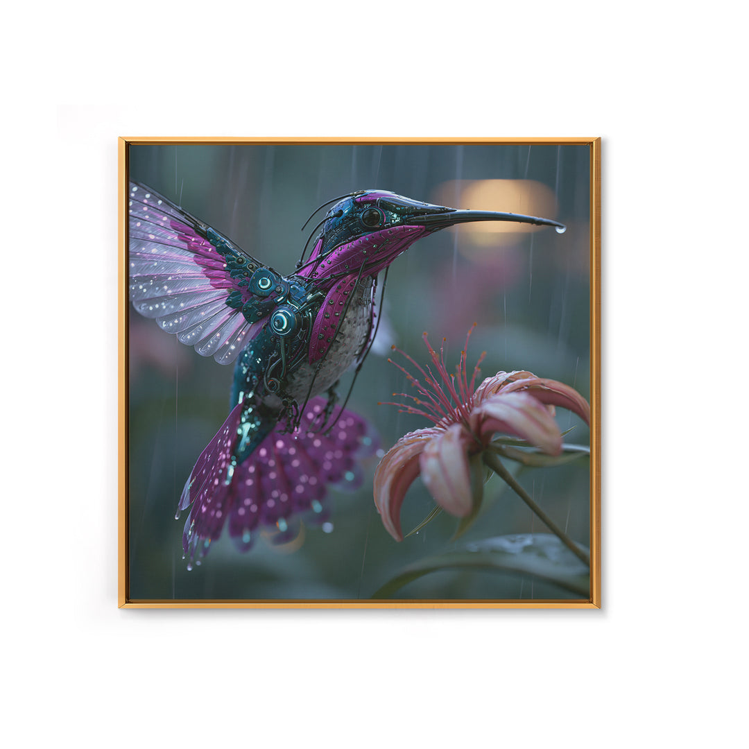 Mechanical Hummingbird Hovering Near Flower Canvas Print, Steampunk Art, Statement Artwork, Living Room Decor, Mechanic, STE-1x1-9