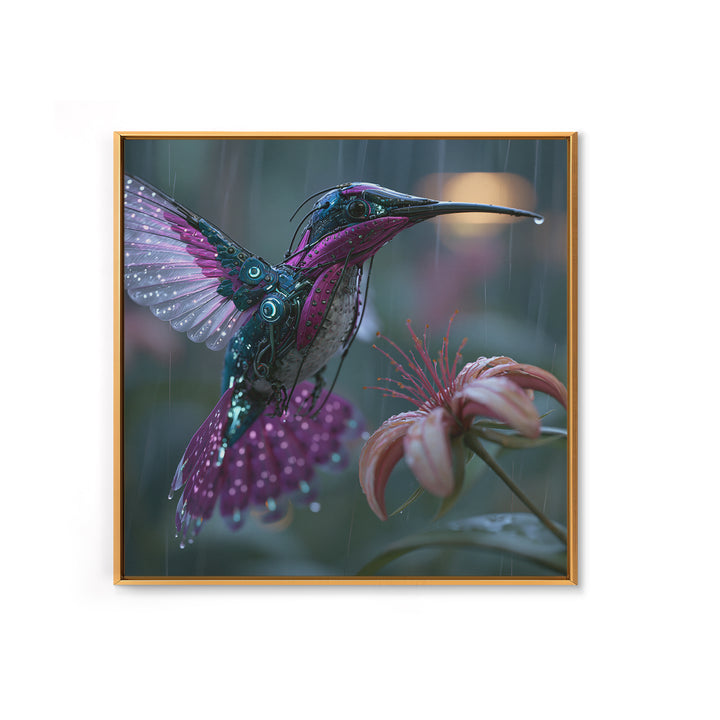 Mechanical Hummingbird Hovering Near Flower Canvas Print, Steampunk Art, Statement Artwork, Living Room Decor, Mechanic, STE-1x1-9