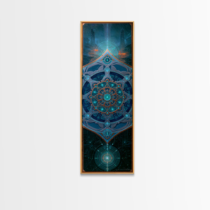 Cogwheel Mandala in Bronze and Teal Framed Canvas Print, Steampunk Art, Minimalist Decor, Living Room Decor, Fine Art, Mechanic, STE-1x3-4