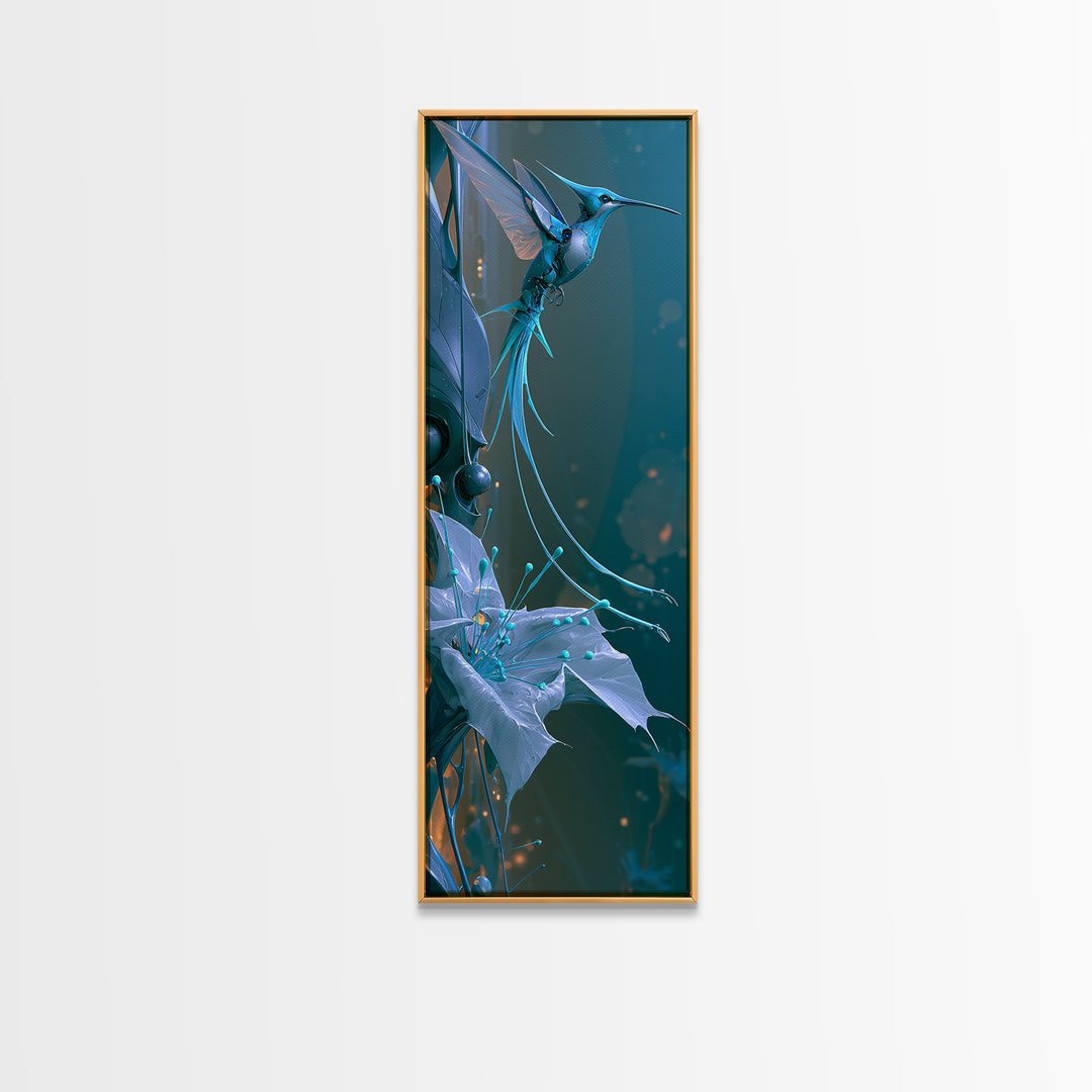 Mechanical Hummingbird Hovering Near Flower Framed Canvas Print, Steampunk Art, Wall Art, Living Room Decor, Watercolor Art, STE-1x3-45