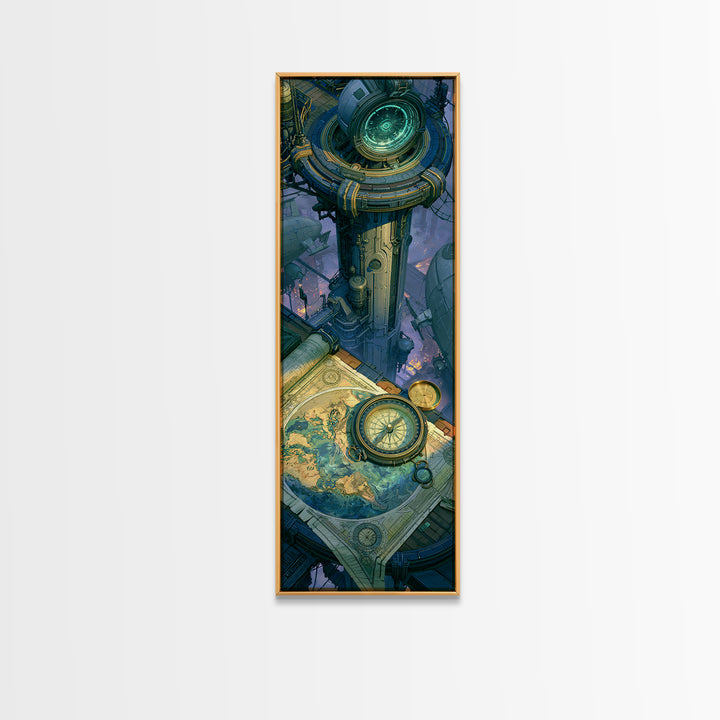 Airship Captain Map and Compass Still Life Framed Canvas Print, Steampunk Art, Dark Art, Living Room Decor, Oil Painting, STE-1x3-54
