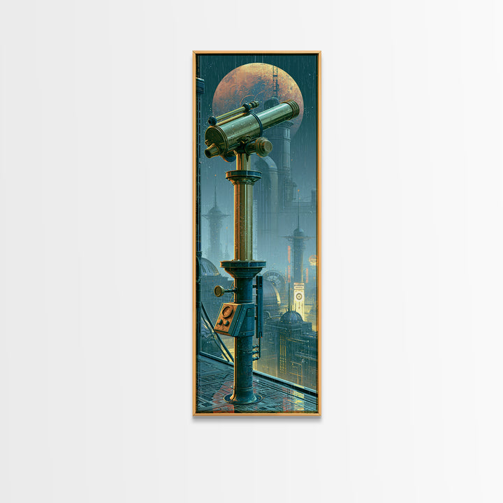 Brass Telescope Aimed at Copper Moon Canvas Print, Steampunk Art, Canvas Art, Living Room Decor, Abstract Art, Mechanic, STE-1x3-60
