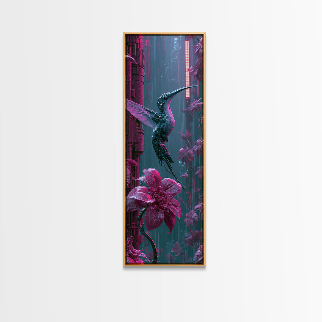 Mechanical Hummingbird Hovering Near Flower Framed Canvas Print, Steampunk Art, Wall Art, Living Room Decor, Watercolor Art, STE-1x3-69