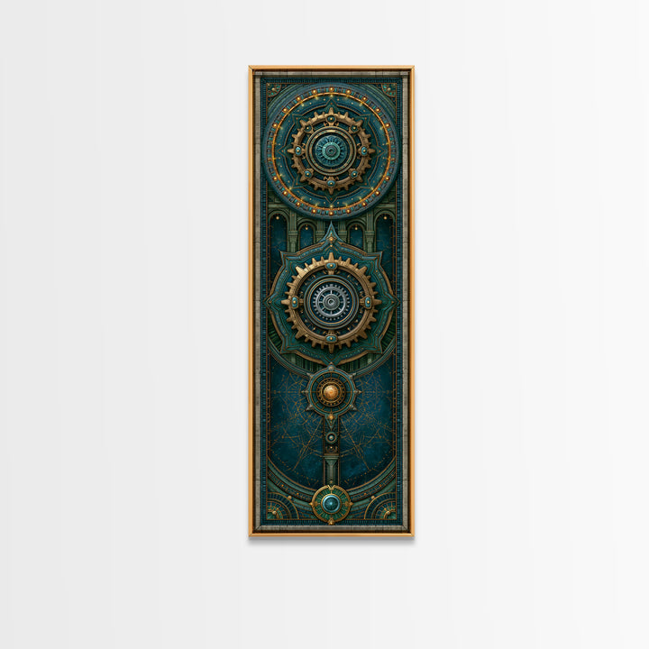 Cogwheel Mandala in Bronze and Teal Framed Canvas Print, Steampunk Art, Cat Art, Living Room Decor, Oil Painting, Mechanic, STE-1x3-76