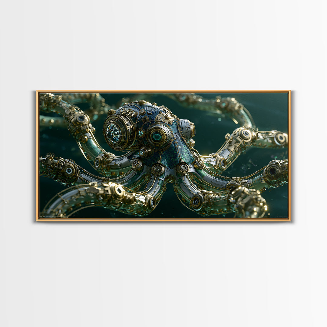 Steampunk Octopus with Brass Tentacles Framed Canvas Print, Steampunk Art, Steampunk, Living Room Decor, Fine Art, Mechanic, STE-2x1-1
