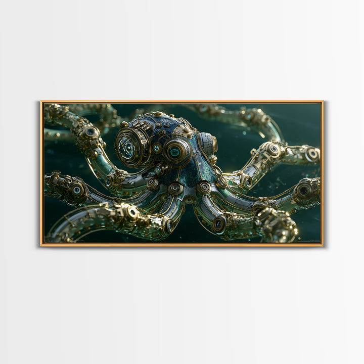 Steampunk Octopus with Brass Tentacles Framed Canvas Print, Steampunk Art, Steampunk, Living Room Decor, Fine Art, Mechanic, STE-2x1-1