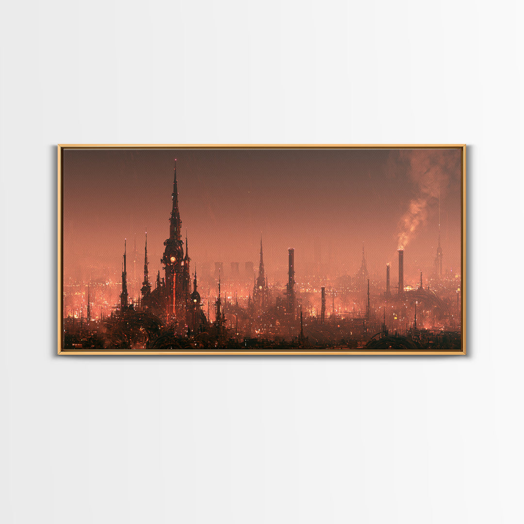 Steam Powered City Skyline Canvas Print, Steampunk Art, Digital Art, Living Room Decor, Abstract Art, Mechanic, Wall Art Print, STE-2x1-17