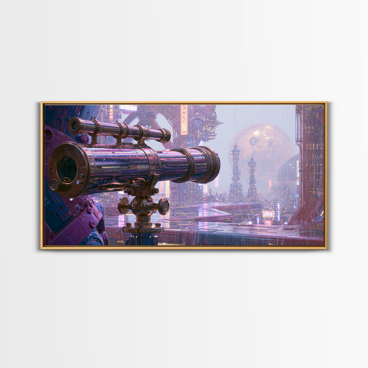 Brass Telescope Aimed at Copper Moon Framed Canvas Print, Steampunk Art, Statement Artwork, Living Room Decor, Mechanic, STE-2x1-20