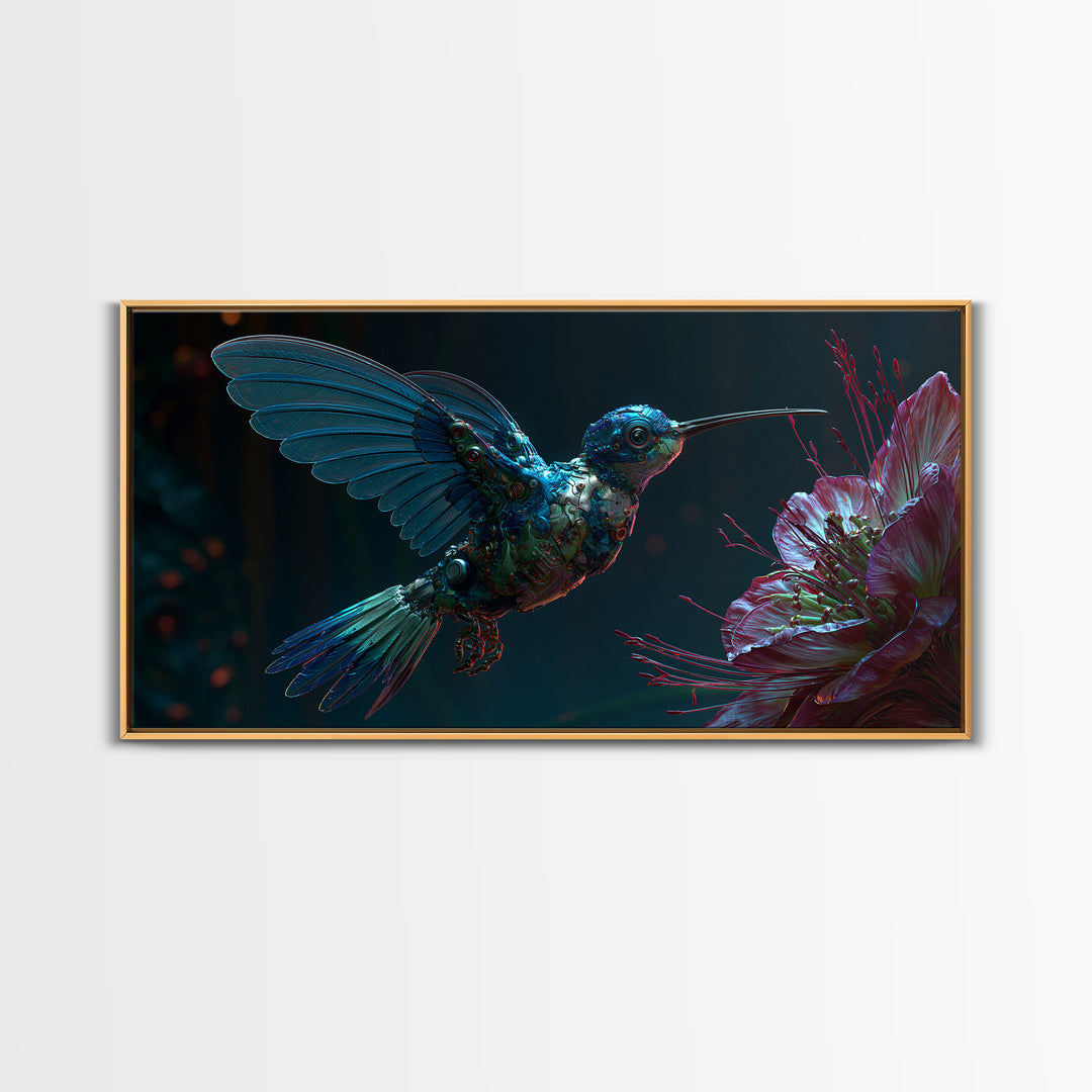 Mechanical Hummingbird Hovering Near Flower Canvas Print, Steampunk Art, Original Art, Living Room Decor, Mechanic, Dark Art, STE-2x1-29