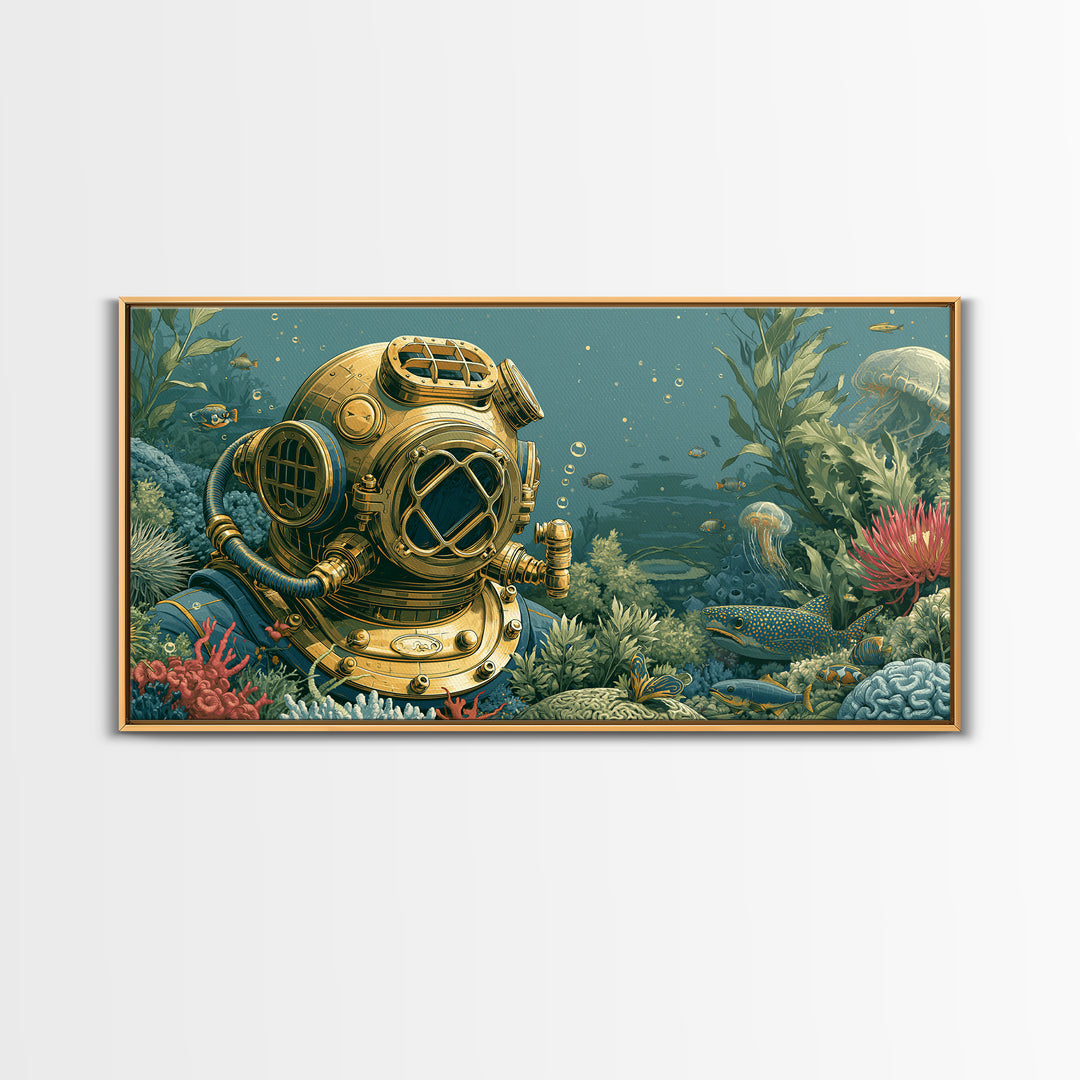 Brass Diving Helmet Canvas Print, Steampunk Art, Wall Art, Living Room Decor, Oil Painting, Mechanic, Ai Art, Digital Print, STE-2x1-32