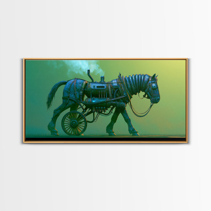 Steam Powered Horse Framed Canvas Print, Steampunk Art, Wall Art, Living Room Decor, Oil Painting, Mechanic, Ai Art, STE-2x1-35