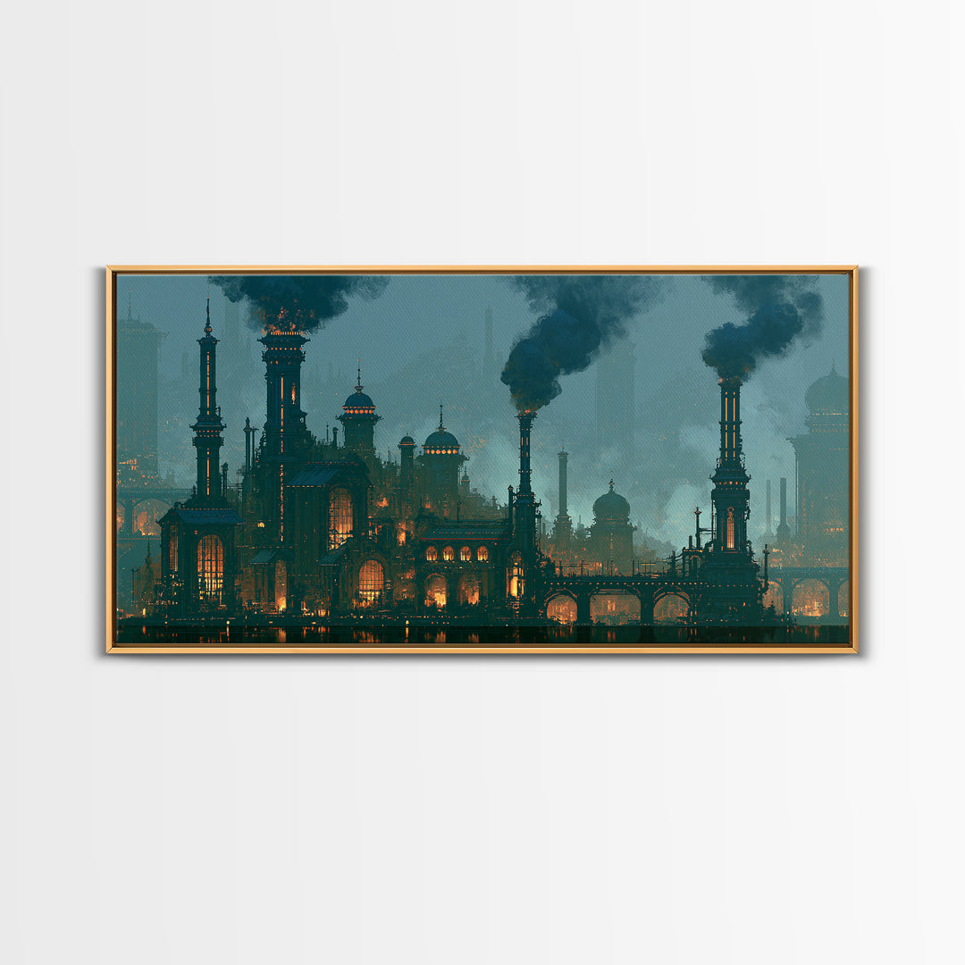 Steam Powered City Skyline Canvas Print, Steampunk Art, Digital Art, Living Room Decor, Abstract Art, Mechanic, Wall Art Print, STE-2x1-41