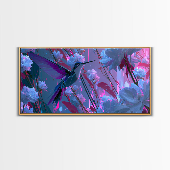 Mechanical Hummingbird Hovering Near Flower Canvas Print, Steampunk Art, Original Art, Living Room Decor, Mechanic, Dark Art, STE-2x1-5