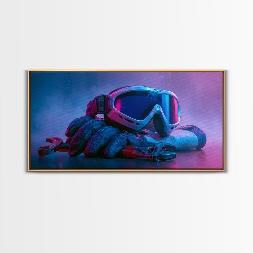 Goggles Gloves and Wrench Still Life Framed Canvas Print, Steampunk Art, Gallery Decor, Living Room Decor, Fine Art, Mechanic, STE-2x1-67
