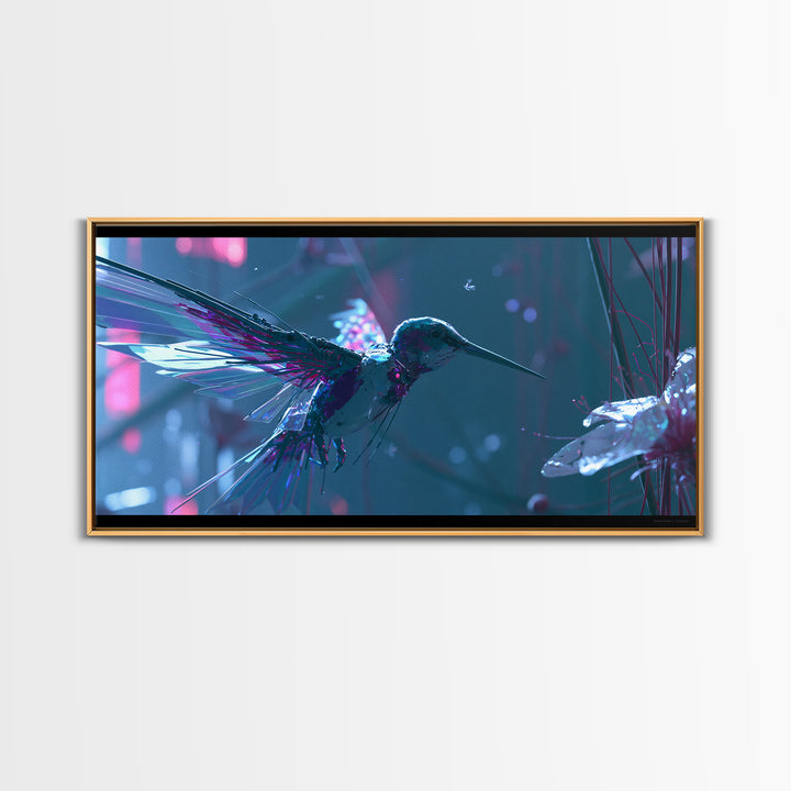 Mechanical Hummingbird Hovering Near Flower Canvas Print, Steampunk Art, Printable Art, Living Room Decor, Watercolor Art, STE-2x1-77