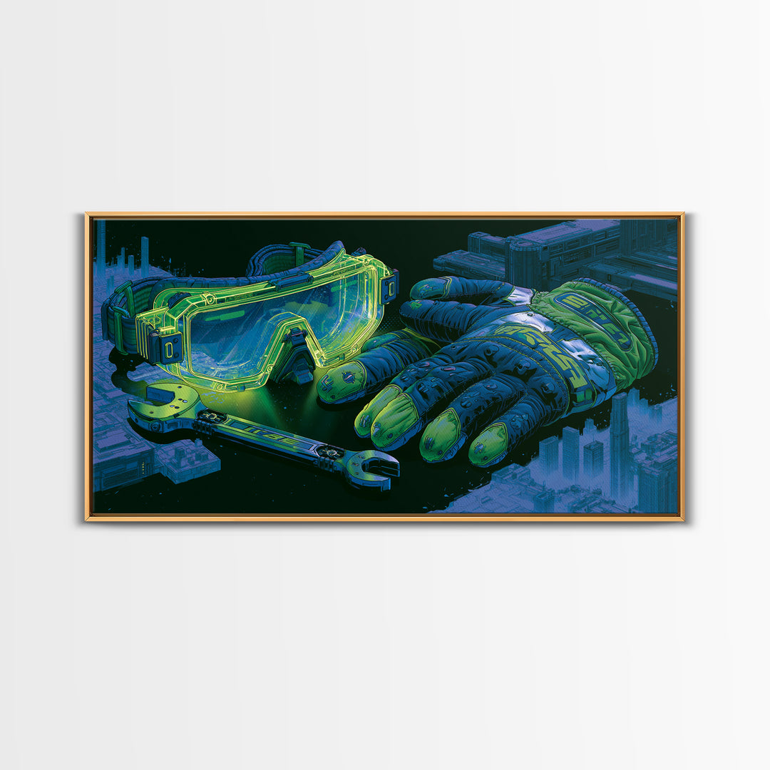 Goggles Gloves and Wrench Still Life Framed Canvas Print, Steampunk Art, Abstract Art, Living Room Decor, Fine Art, Mechanic, STE-2x1-91