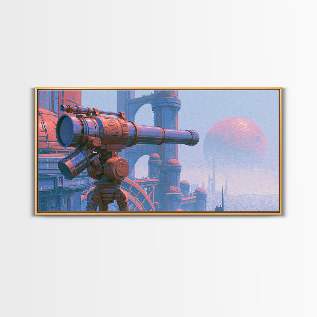 Brass Telescope Aimed at Copper Moon Framed Canvas Print, Steampunk Art, Printable Art, Living Room Decor, Oil Painting, STE-2x1-92