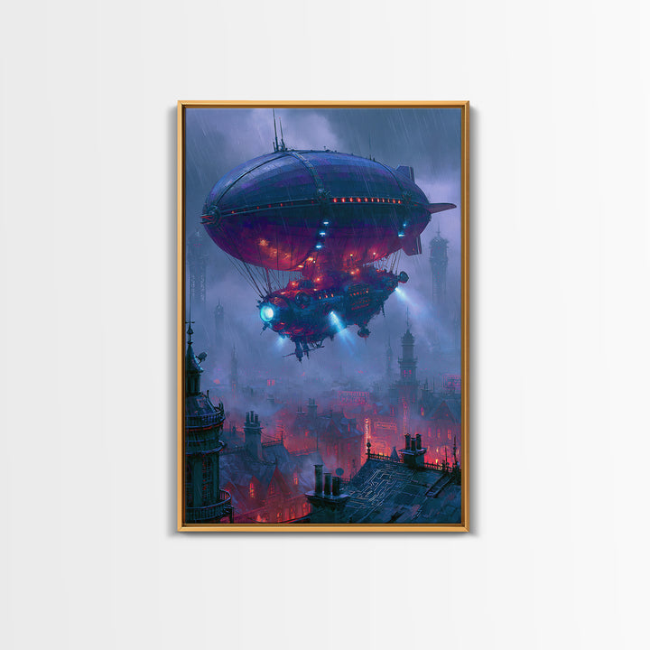Airship Floating Above Victorian City Roofs Canvas Print, Steampunk Art, Contemporary Art, Living Room Decor, Mechanic, STE-2x3-10
