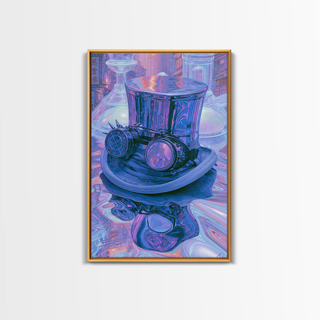 Top Hat and Goggles Still Life Framed Canvas Print, Steampunk Art, Living Room Decor, Oil Painting, Mechanic, STE-2x3-12