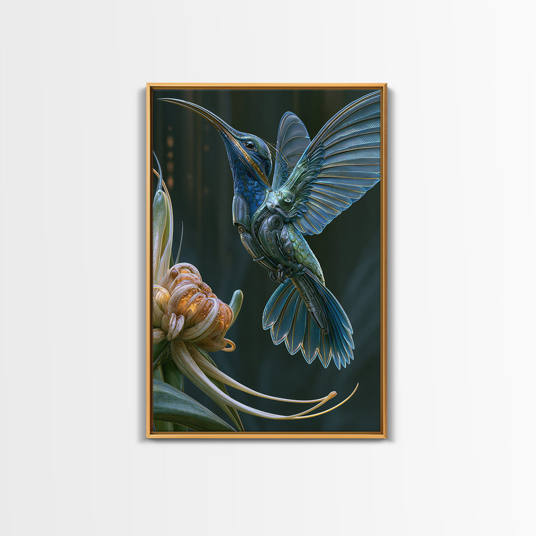 Mechanical Hummingbird Hovering Near Flower Framed Canvas Print, Steampunk Art, Canvas Art, Living Room Decor, Mechanic, STE-2x3-17
